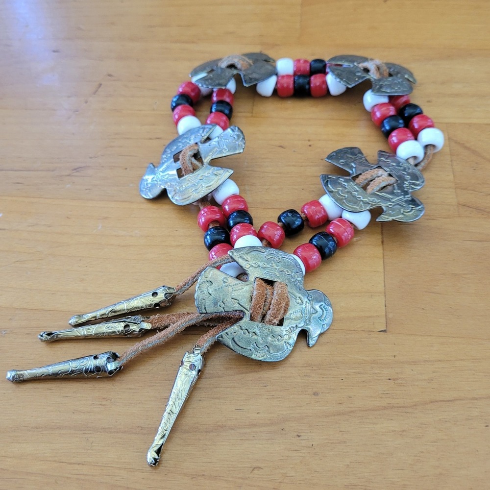 Tribal Southwestern Multi Strand Bracelet Red Black White Beads Bird Plaques 40g
